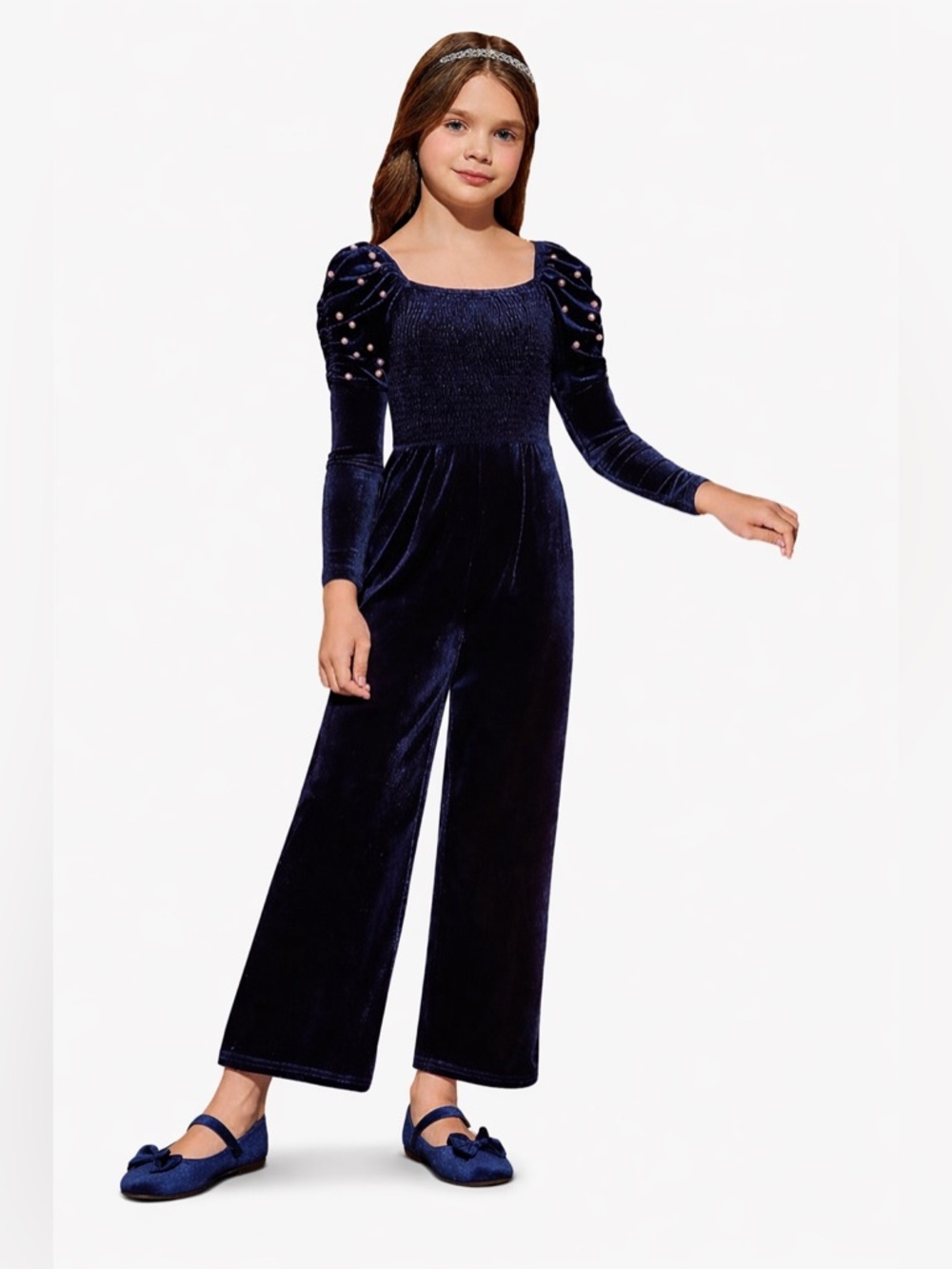WDIRARA Girls Velvet Pearl Beaded Wide Leg Jumpsuit Square Neck Long Sleeve(10Y)